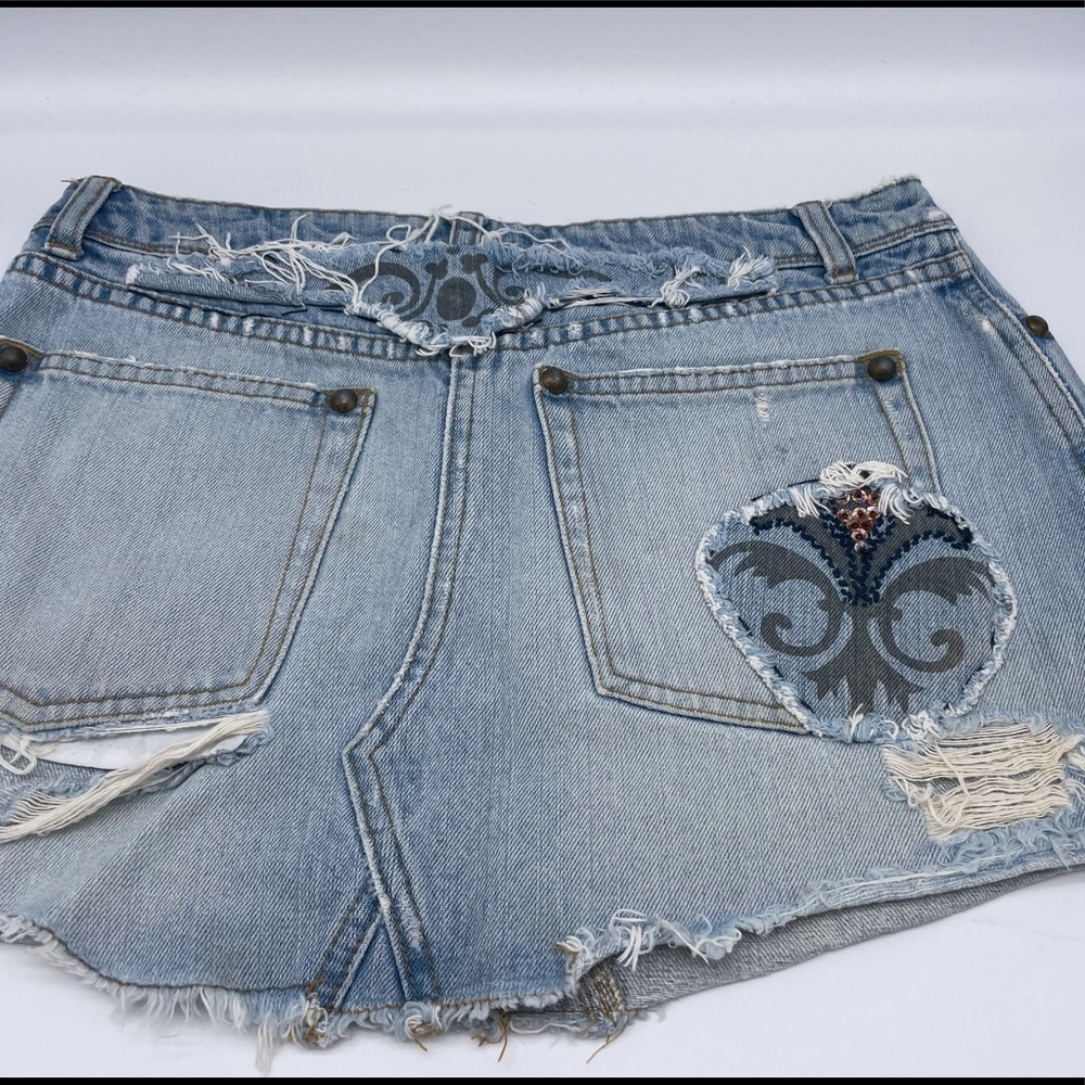 Free People denim distressed mini skirt. - Picture 2 of 8
